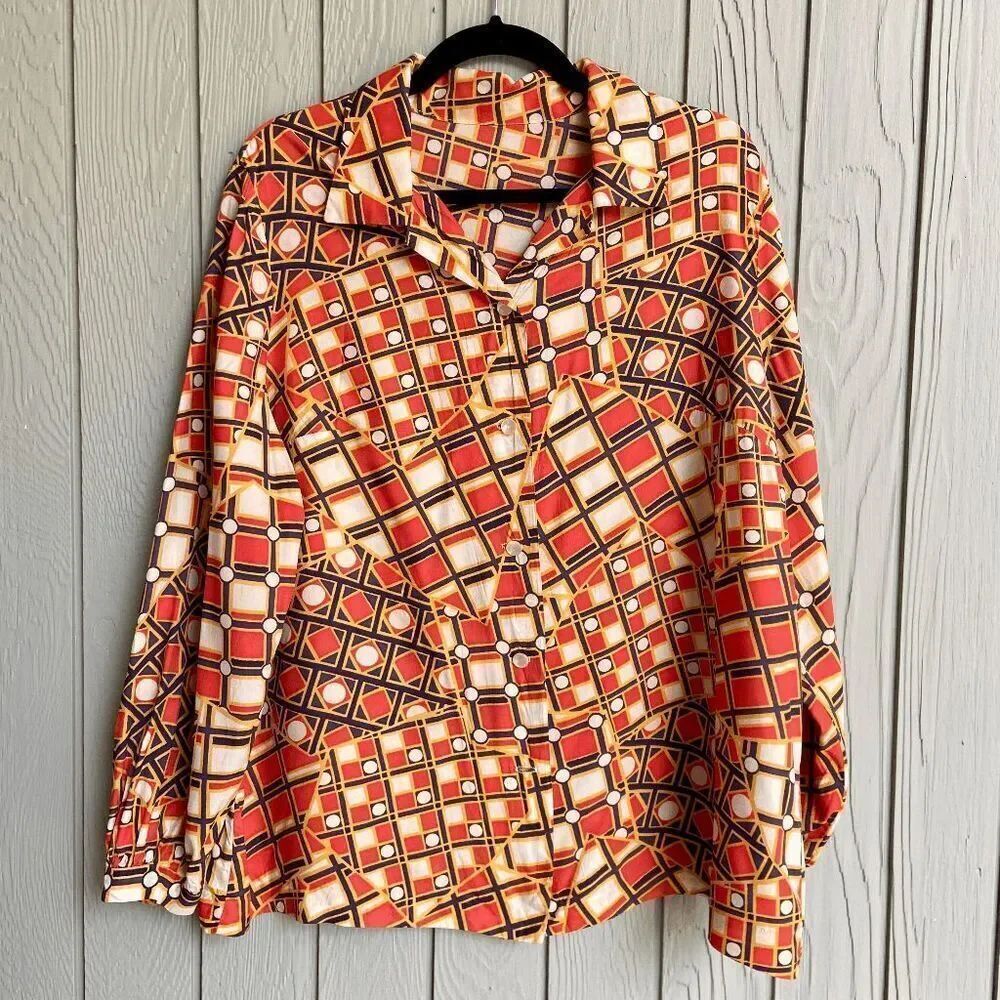 VTG 70s Graphic Print Women's Disco Button-Down Blouse - Best Fits L-XXL